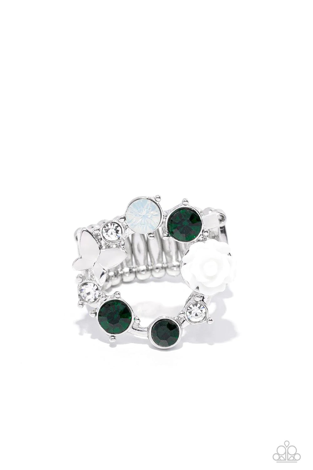 Butterfly Bustle Green, Opal and White Rhinestone Paparazzi Ring