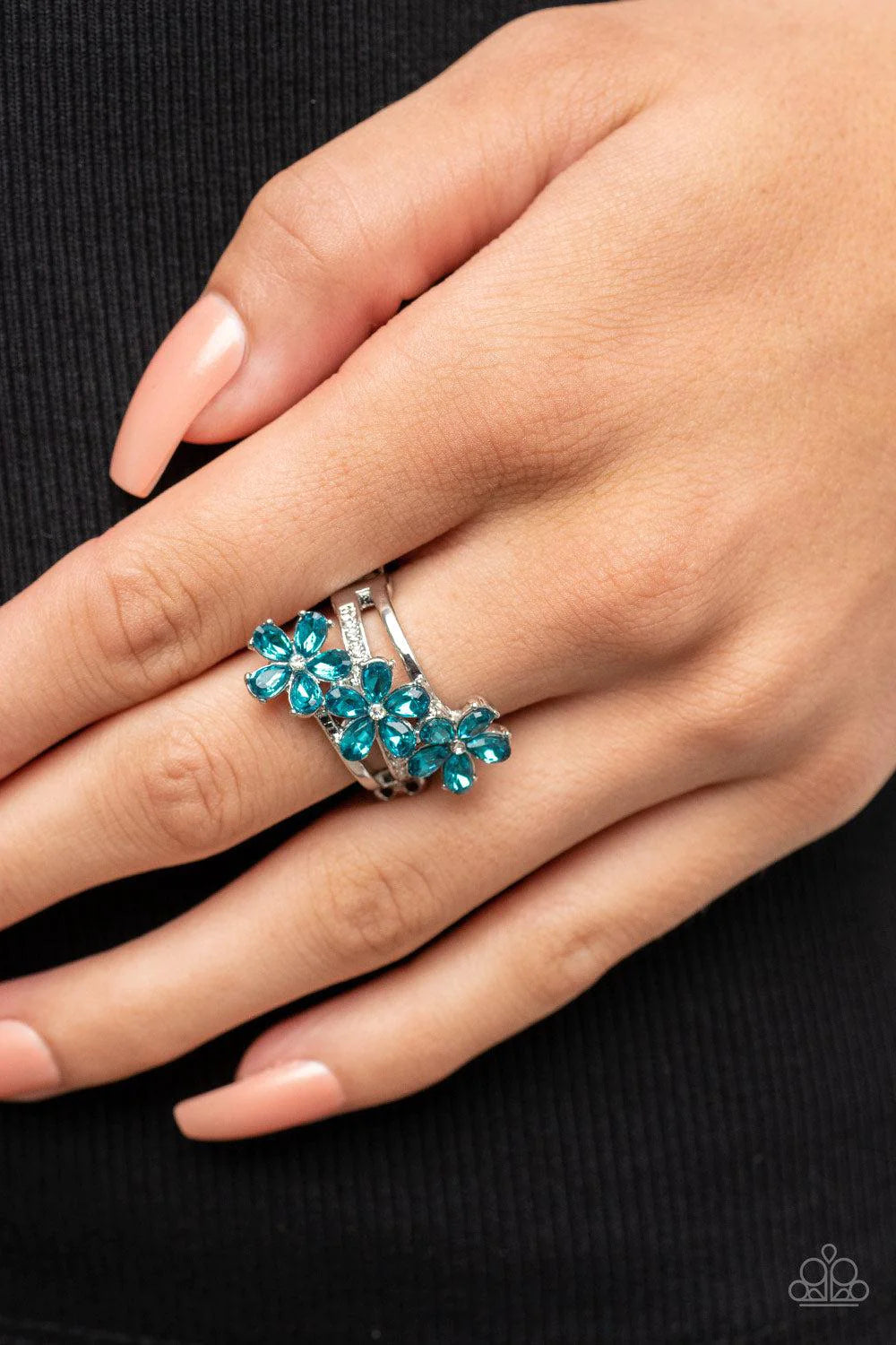 Posh Petals Blue Rhinestone Flower Ring -