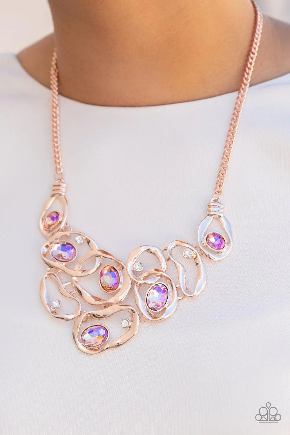Warp Speed Rose Gold and Iridescent Rhinestone Necklace