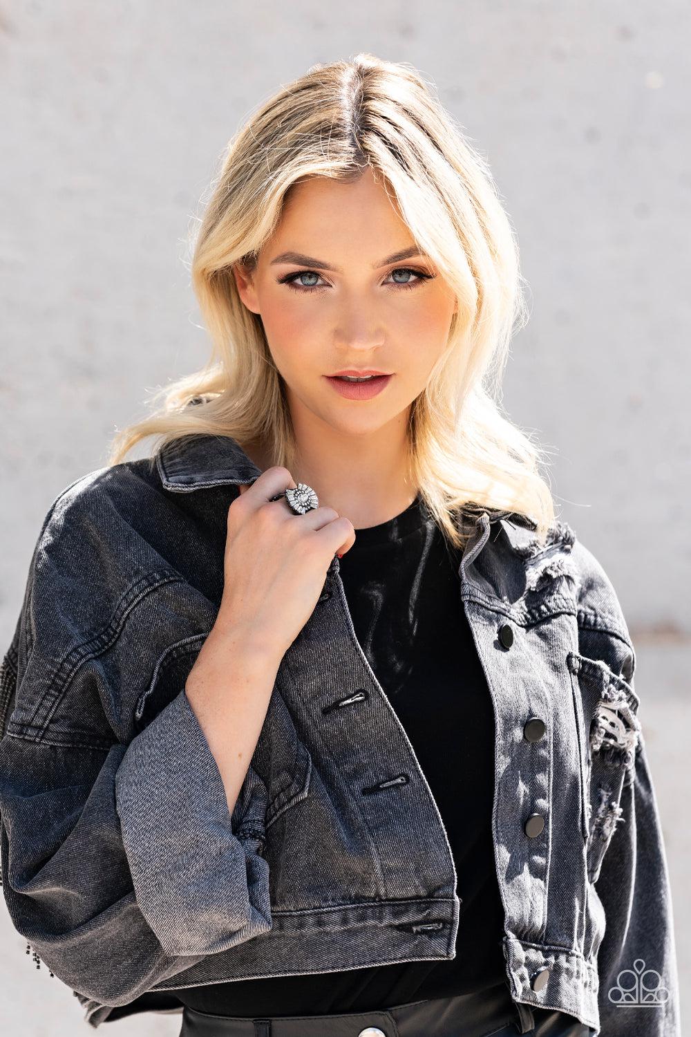 Daringly Deco Gunmetal Black & White Rhinestone Ring -