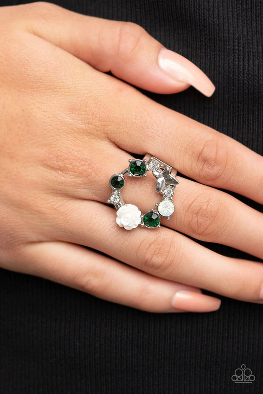 Butterfly Bustle Green, Opal and White Rhinestone Paparazzi Ring