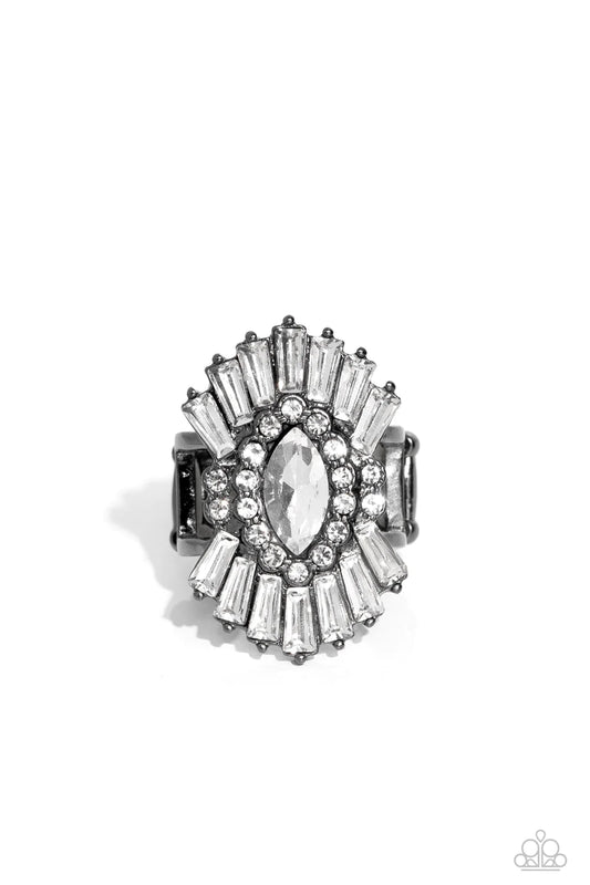 Daringly Deco Gunmetal Black & White Rhinestone Ring -