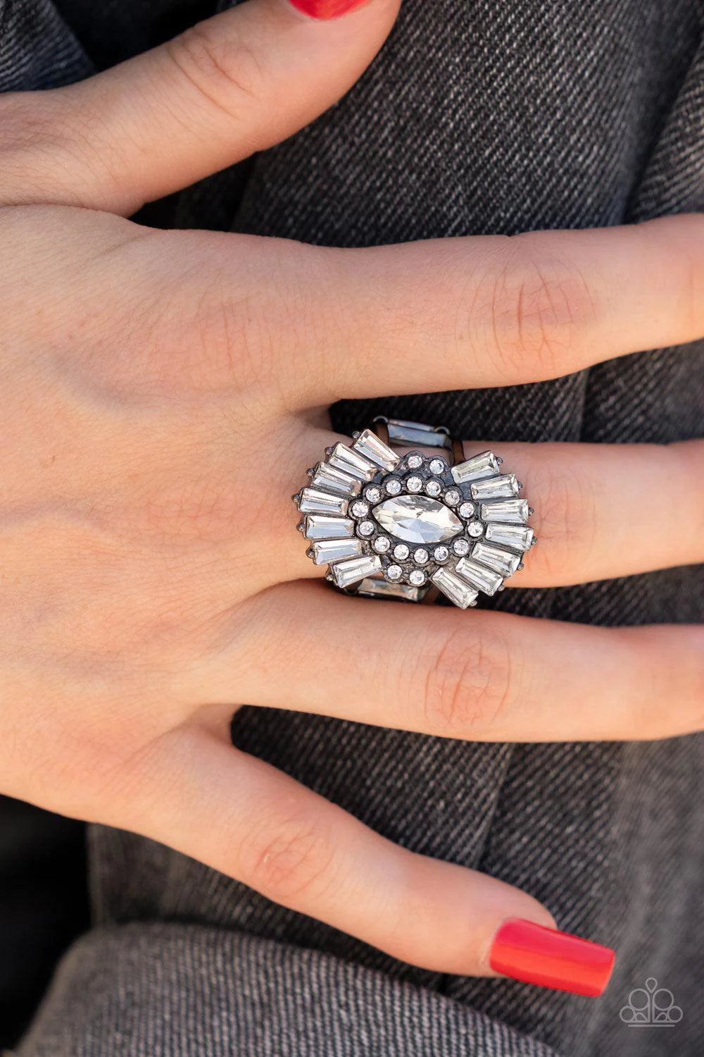 Daringly Deco Gunmetal Black & White Rhinestone Ring -