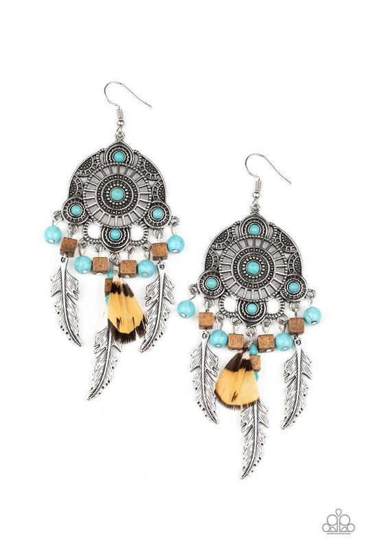 Desert Plains Turquoise Blue and Silver Feather Earrings