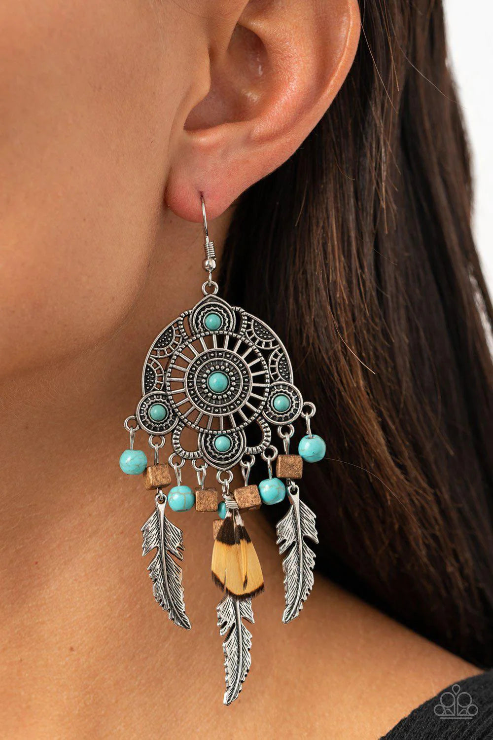 Desert Plains Turquoise Blue and Silver Feather Earrings