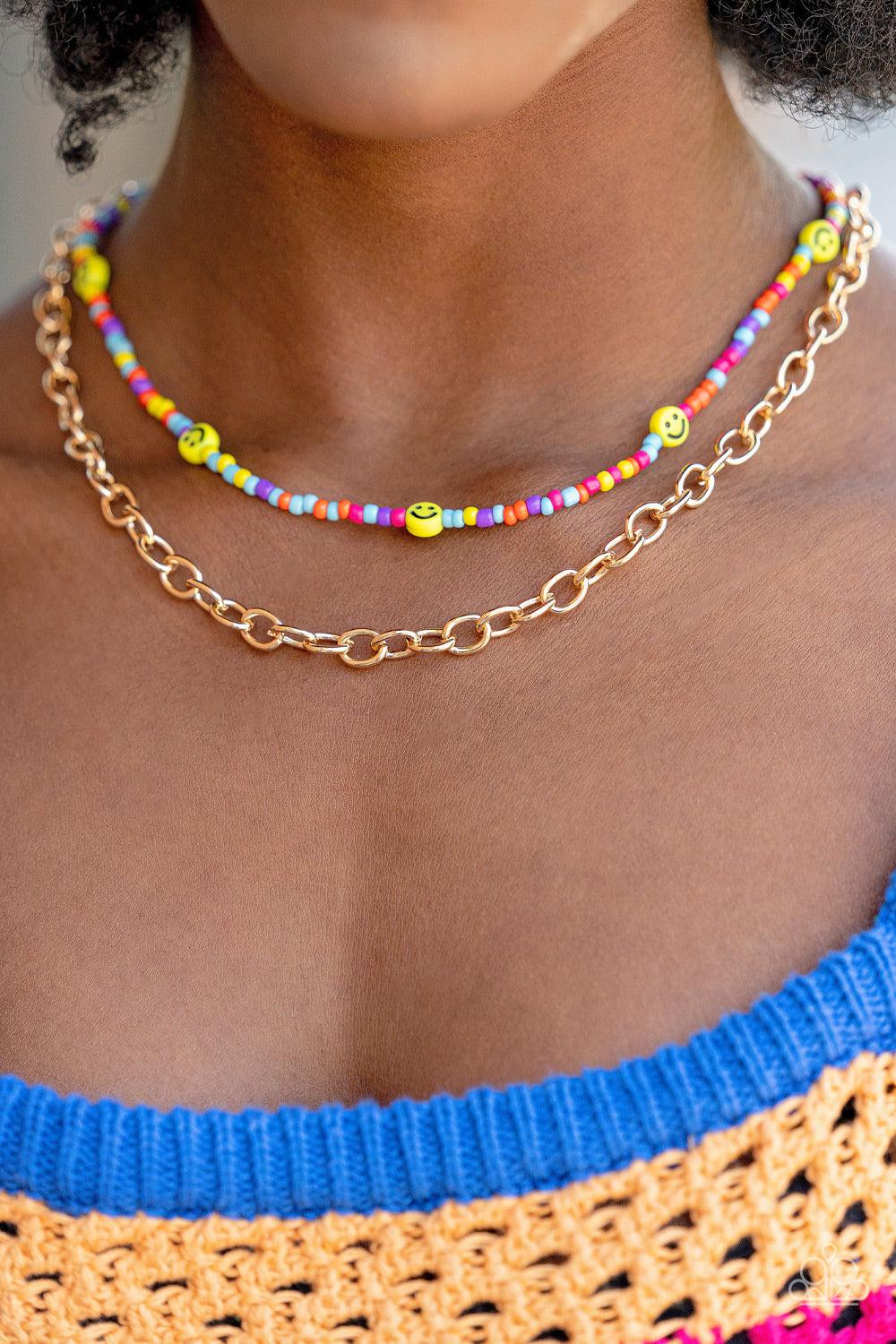 Happy Looks Good on You Multi Seed Bead and Gold Necklace -
